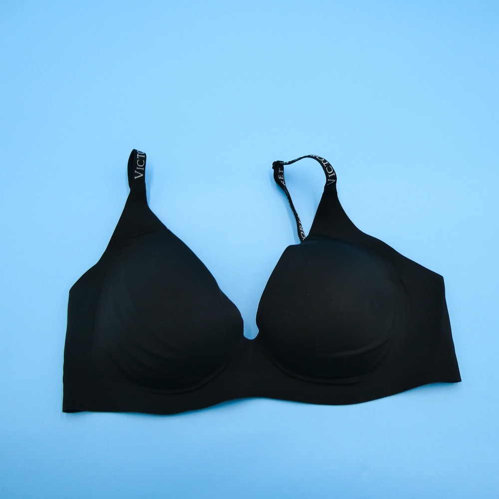Victoria's Secret Bra Womens Medium Wireless Logo Strap Black Bralette Nylon
